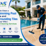 Professional Villa Cleaning Services cleaning swimming pool area and surrounding tiles in a luxury villa