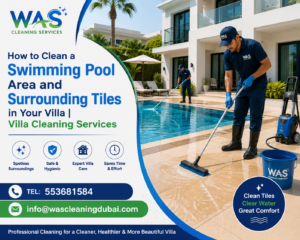 Professional Villa Cleaning Services cleaning swimming pool area and surrounding tiles in a luxury villa